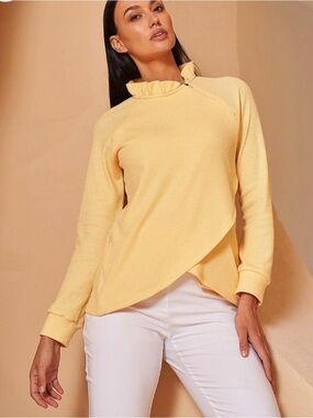 Ruffle Mock Neck Long-Sleeve Pullover in Pale Yellow